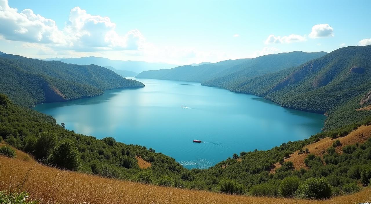 Malerische Ansicht des Stausees Embalse de San Juan bei Sonnenuntergang