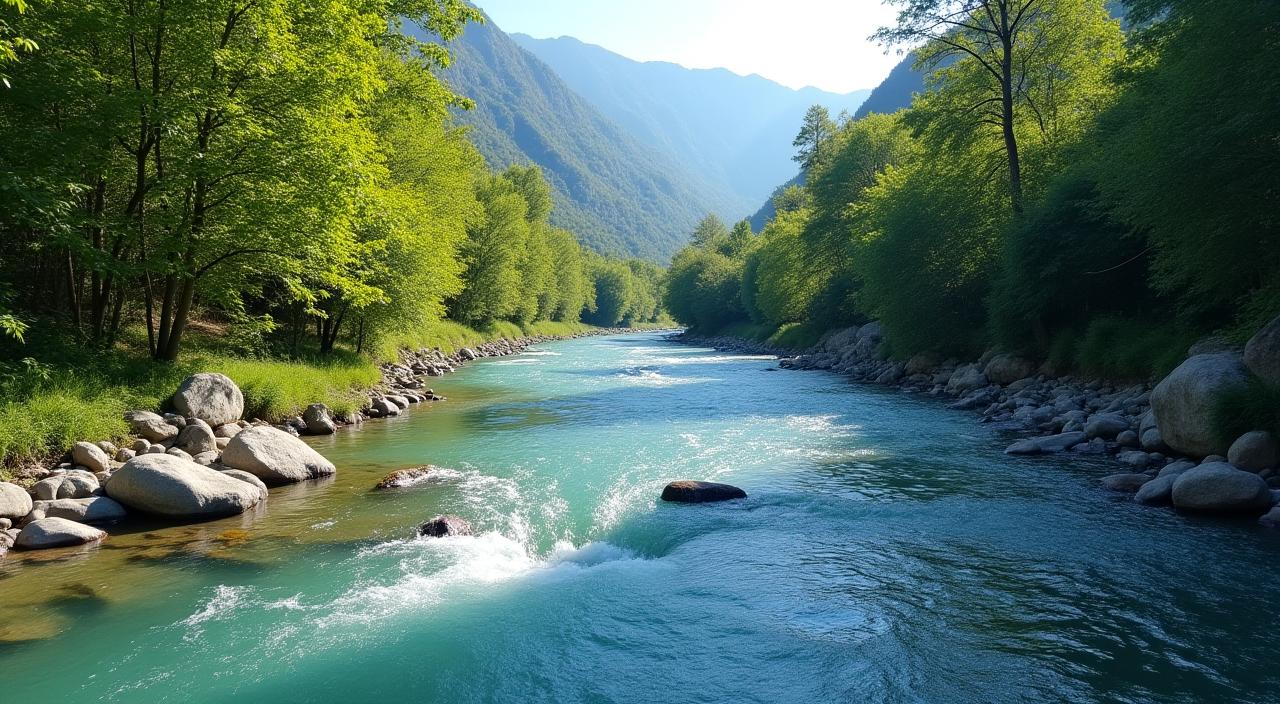 Ein klarer Fluss, der Río Lozoya, schlängelt sich durch ein Bergtal