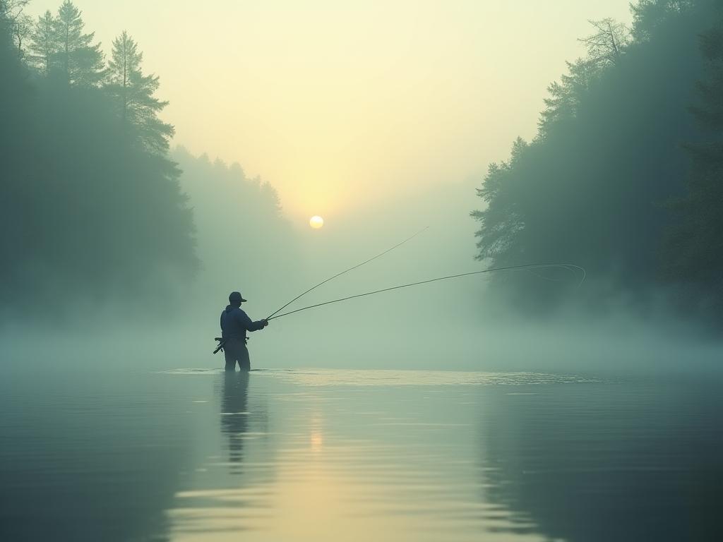 Ein Fliegenfischer steht im nebligen Morgenlicht in einem Fluss