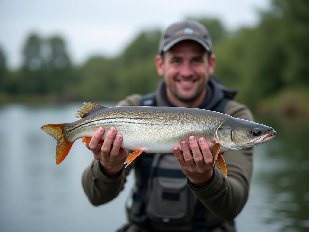 Ein stolzer Angler präsentiert einen großen Zander, gefangen in einem spanischen See