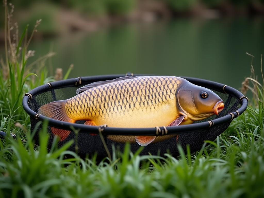 Ein großer Spiegelkarpfen liegt sicher im Kescher am Ufer